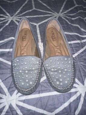 Gray Pearl-Studded Women's Slip-On Loafers
